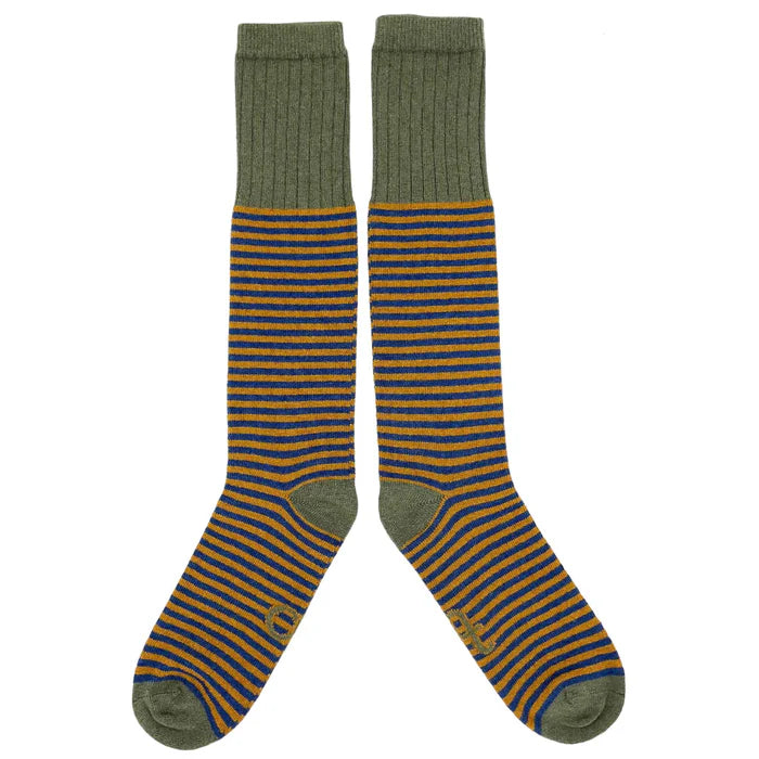 Pair of olive green and mustard yellow striped knee-high socks.