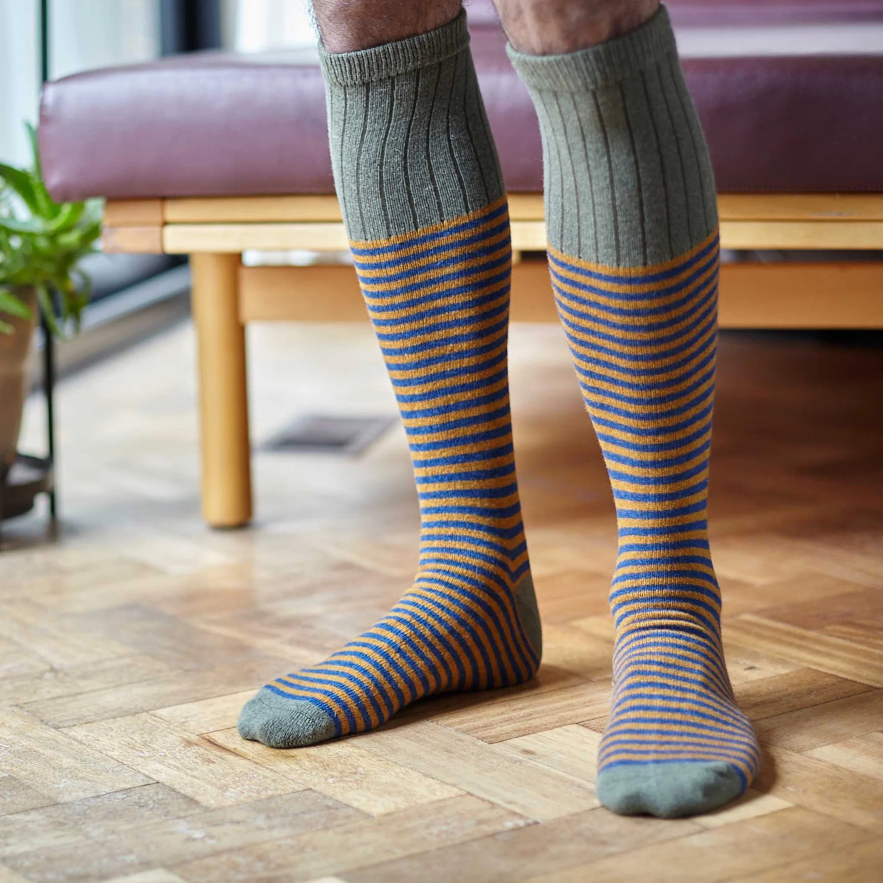 Pair of knee-high socks with horizontal stripes in mustard yellow and navy blue, and a solid olive green cuff.