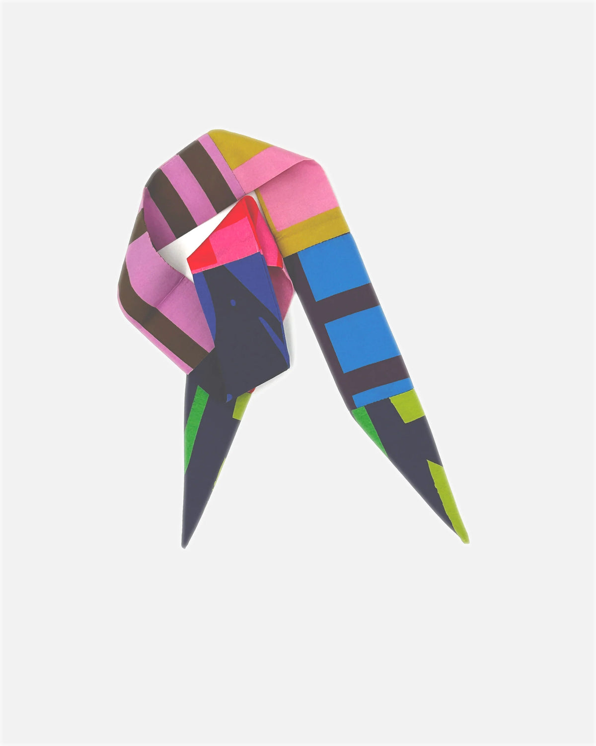 A multicolor geometric patterned scarf, styled in a loose knot, displayed against a solid light gray background.