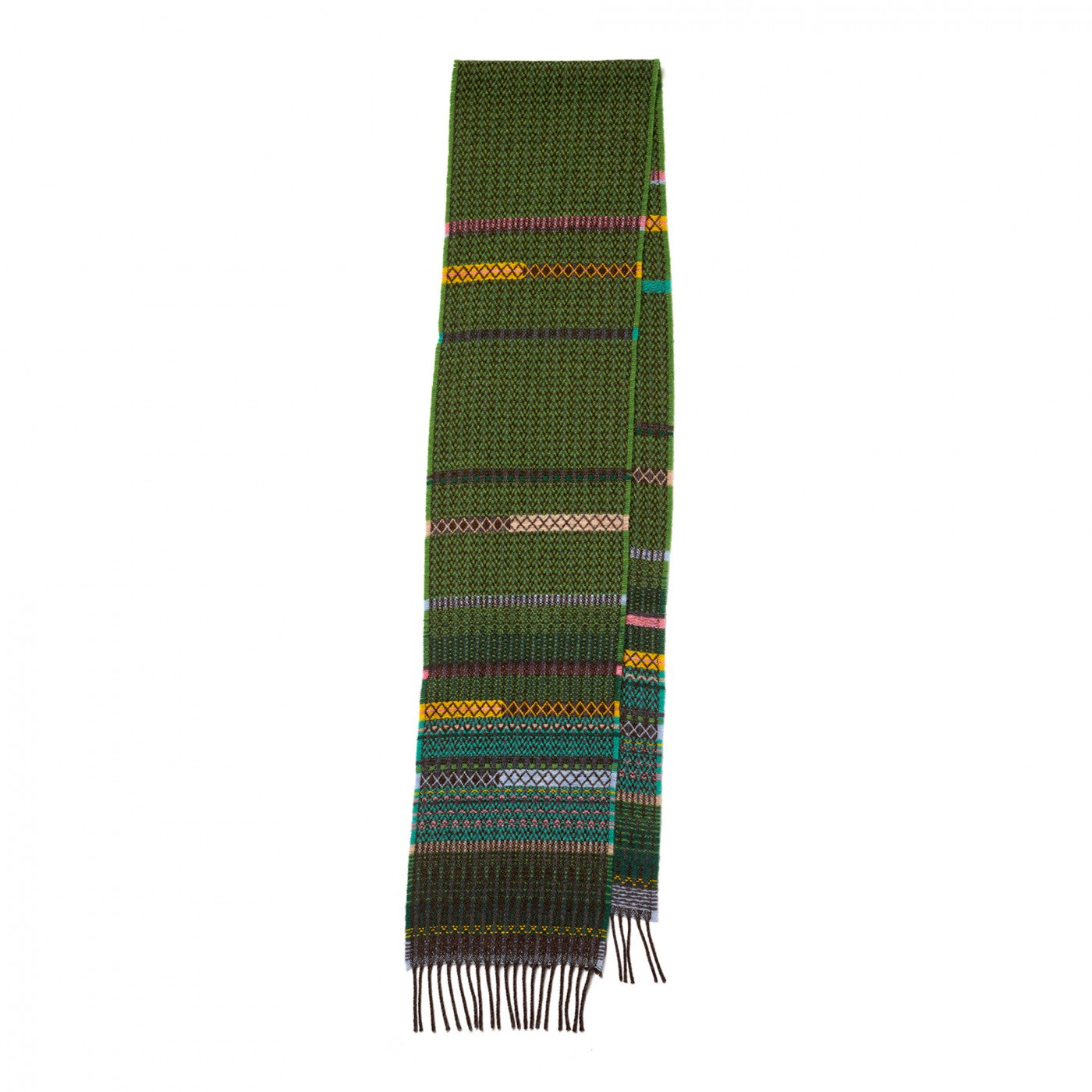A green woven scarf with horizontal multicolor stripes and fringed ends, displayed vertically against a plain white background.