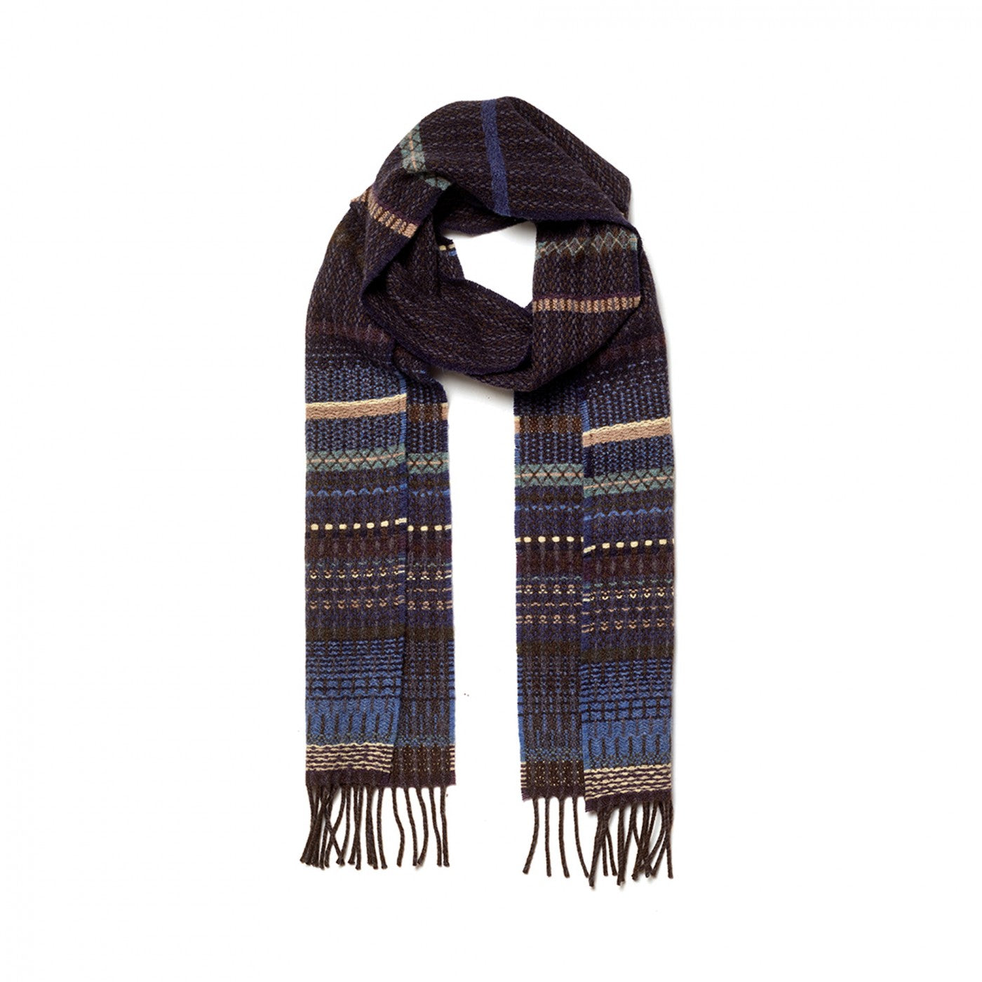 A dark patterned knit scarf with fringed ends, featuring horizontal stripes in navy, blue, brown, beige, and white, displayed on a solid white background.