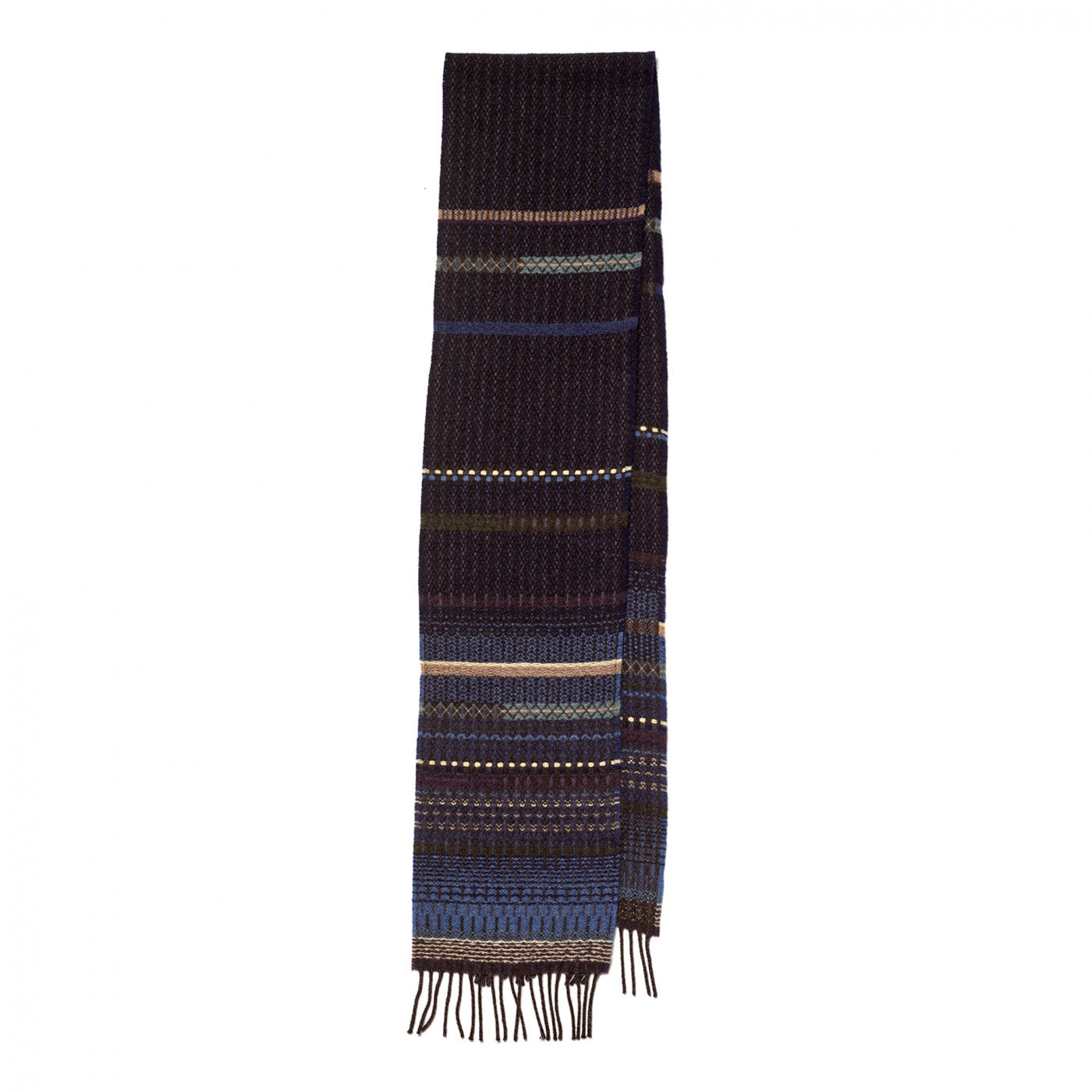 A long knit scarf with a dark navy base and horizontal stripes in blue, beige, and brown, finished with fringe at the bottom, shown flat against a white background.