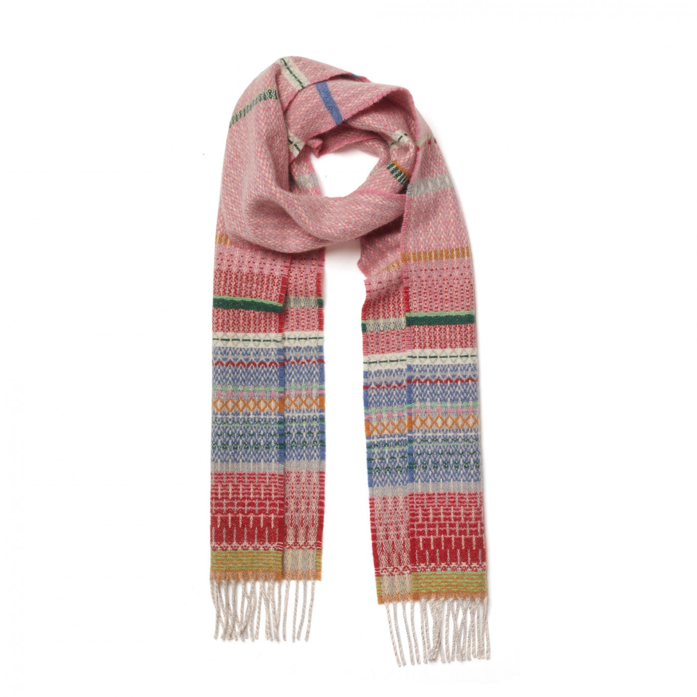 A multicolor patterned scarf with fringed ends, featuring horizontal bands of pink, red, blue, green, and yellow geometric and Fair Isle style motifs, displayed on a clean white background.
