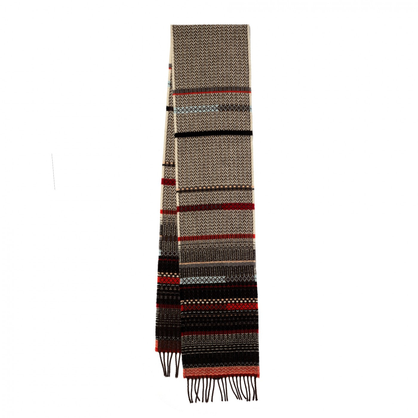 A long woven scarf with a textured geometric pattern in beige, black, red, and white, featuring fringe on one end, shown against a plain white background.