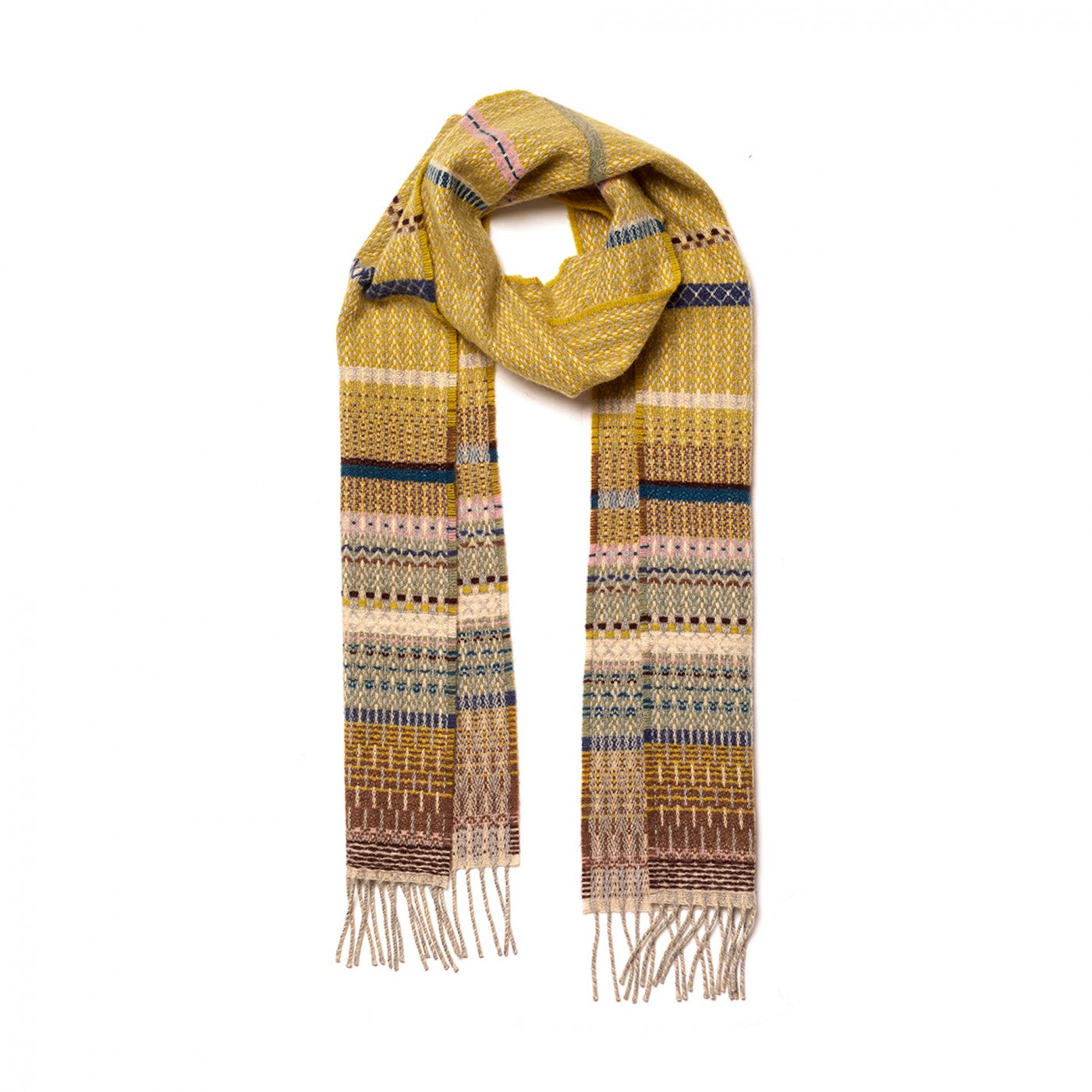 A mustard yellow knit scarf with a multicolor geometric Fair Isle pattern, featuring fringe at the ends, displayed on a clean white background.