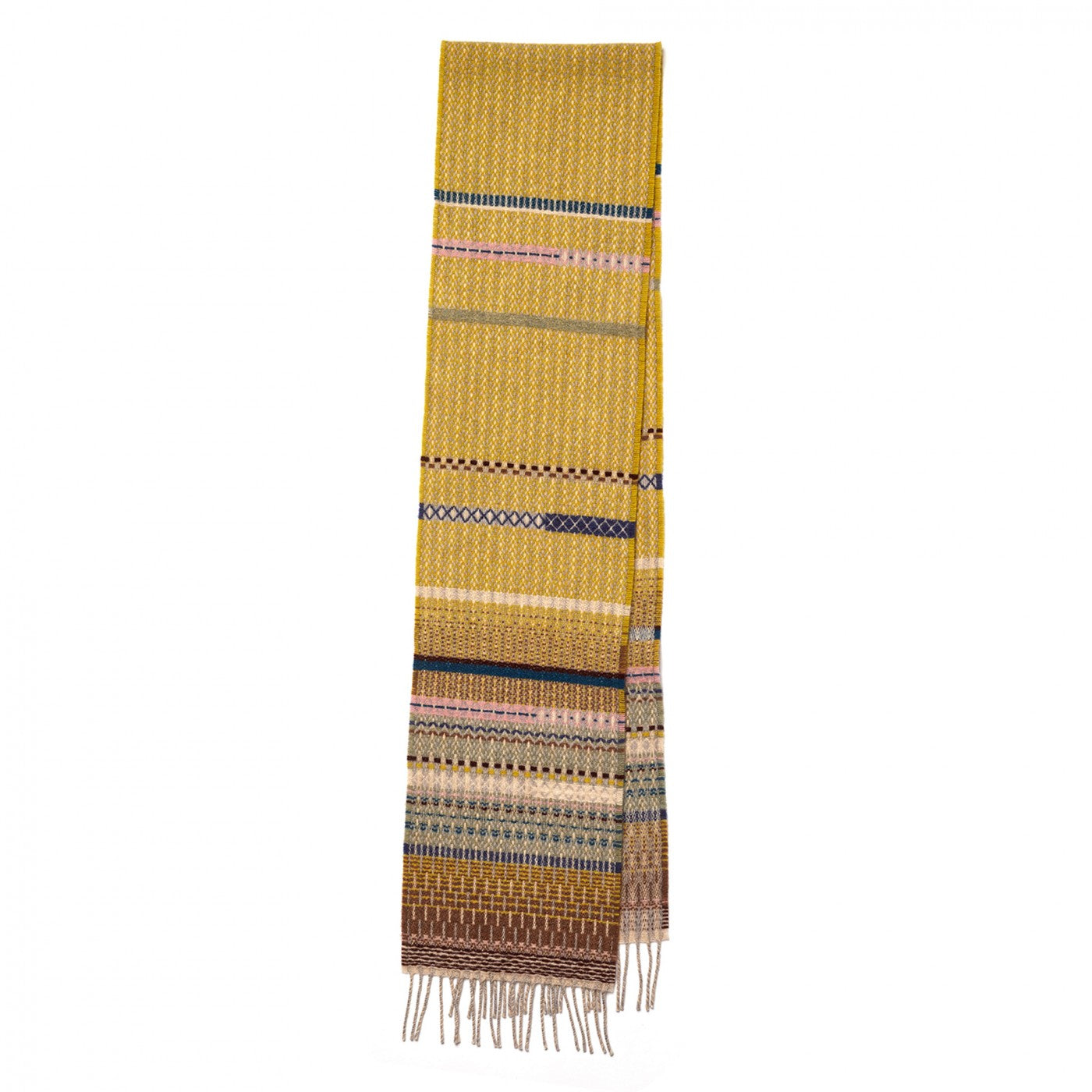 A long woven scarf in mustard yellow with horizontal stripes of navy, pink, beige, and brown, finished with cream fringe tassels at the bottom, shown on a plain white background.