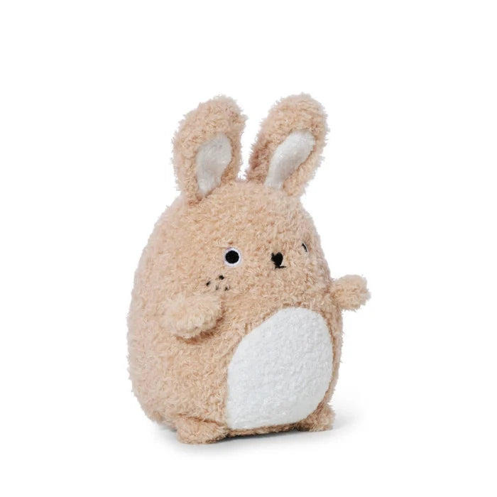 Plush toy rabbit with a white belly on a white background