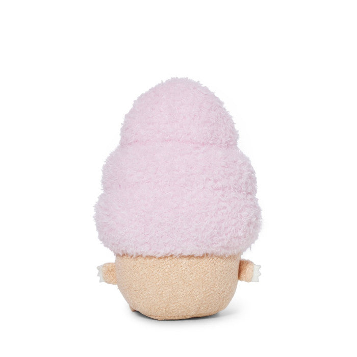 Small plush toy with a pink fuzzy top and beige body on a white background