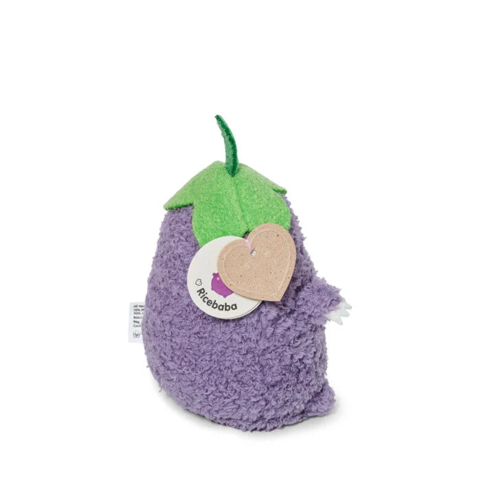Purple plush toy resembling an avocado with a green stem on a white background