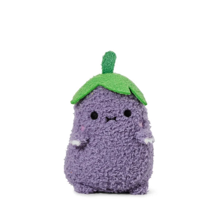 Plush toy shaped like a purple eggplant with a green stem on a white background
