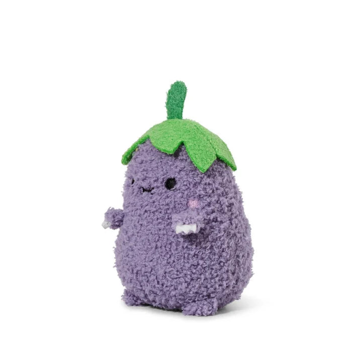 Plush toy shaped like an eggplant with a green stem on a white background