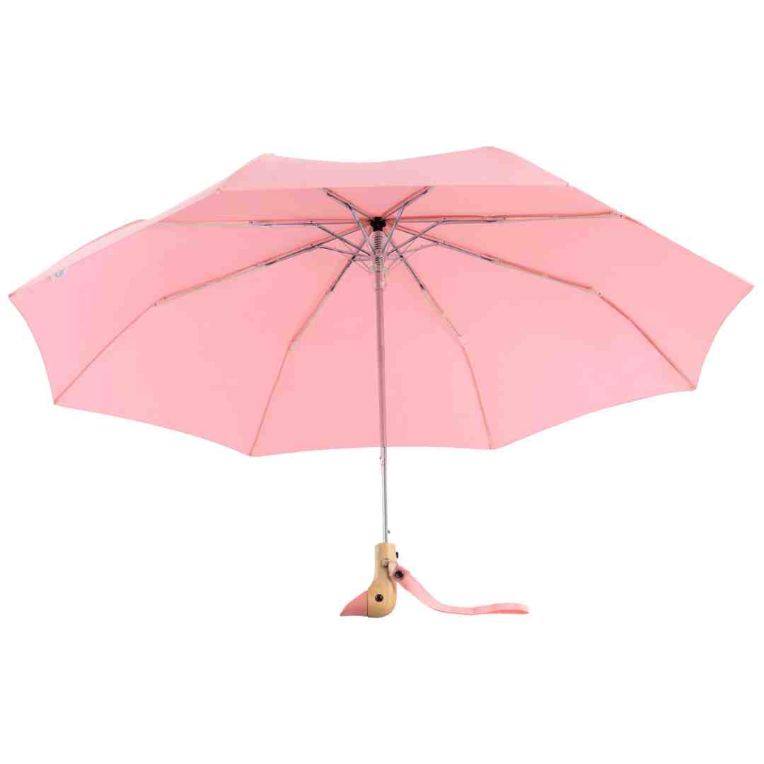 Pink automatic umbrella with a unique wooden handle.