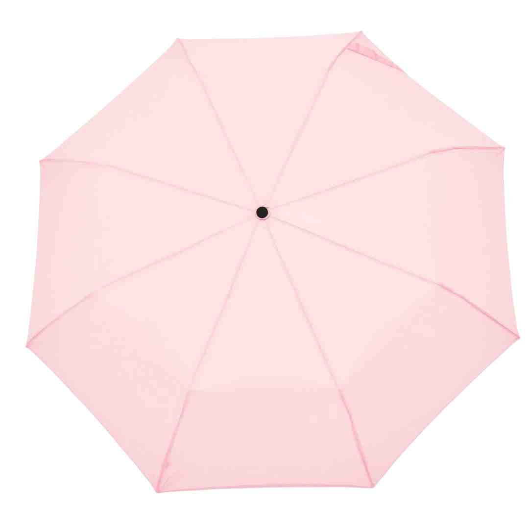 Pink closed umbrella viewed from above, showing eight panels radiating from a central point.