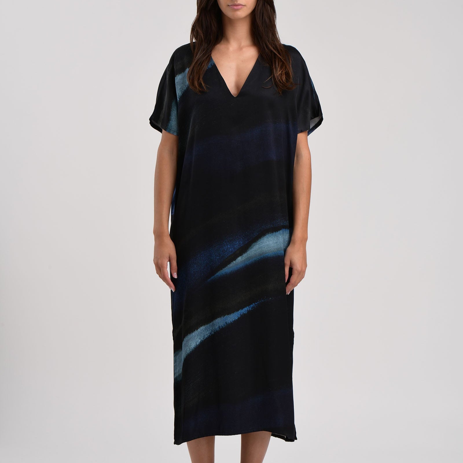 Black midi dress with short sleeves and a V-neck.
