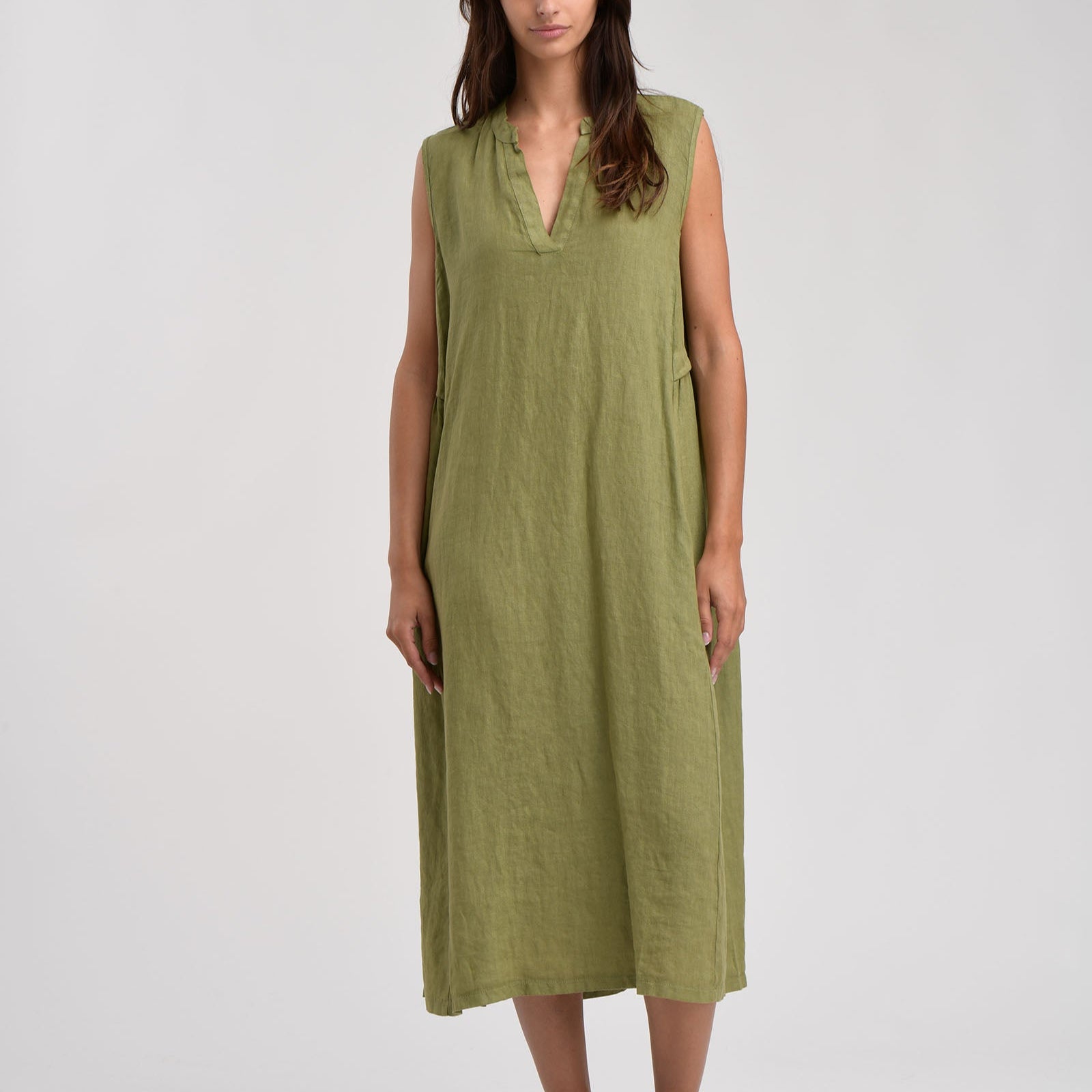 Olive green linen midi dress with a V-neck and sleeveless design.