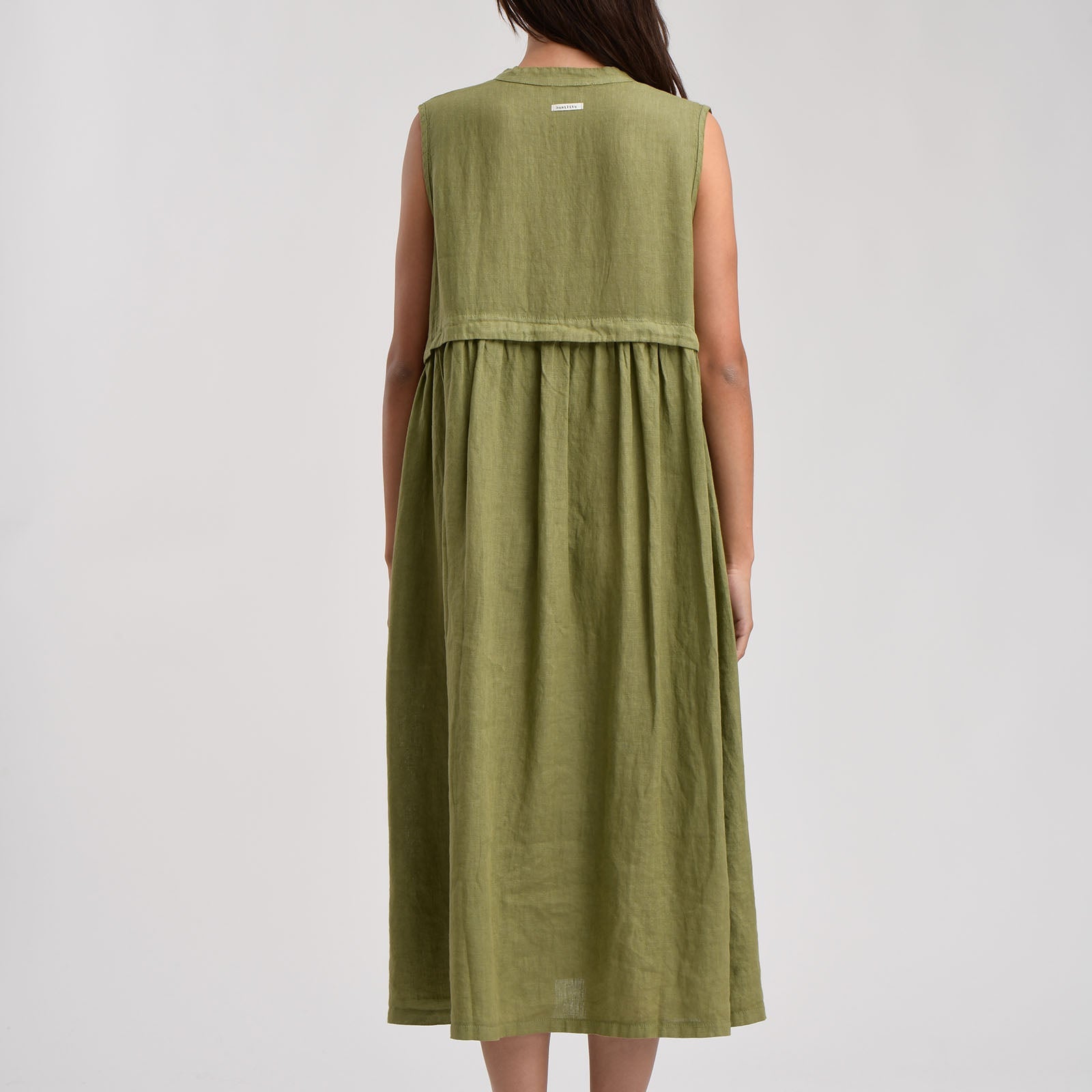 Olive green linen midi dress, sleeveless with a gathered waistline and a straight skirt.