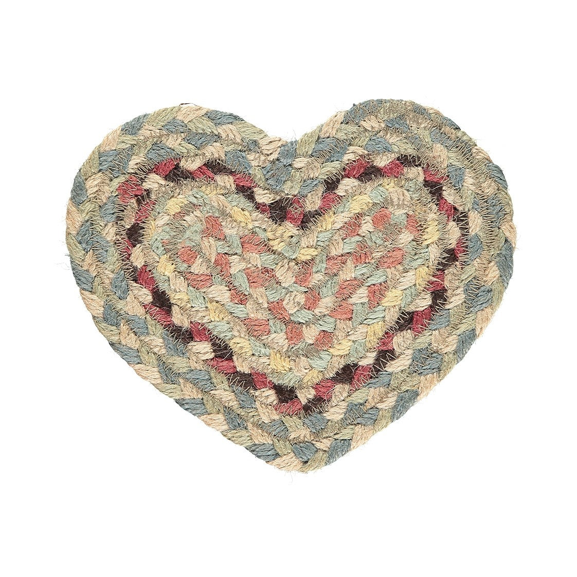 Heart-shaped braided jute rug in muted greens, pinks, and browns.