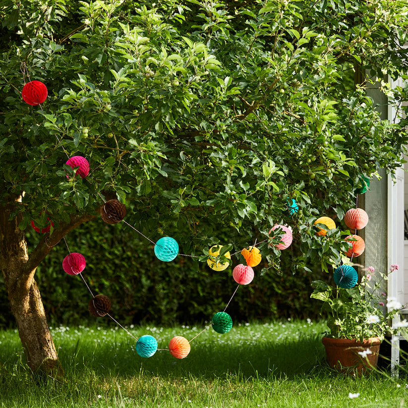String of colorful paper pom-poms hanging from a tree in a garden.