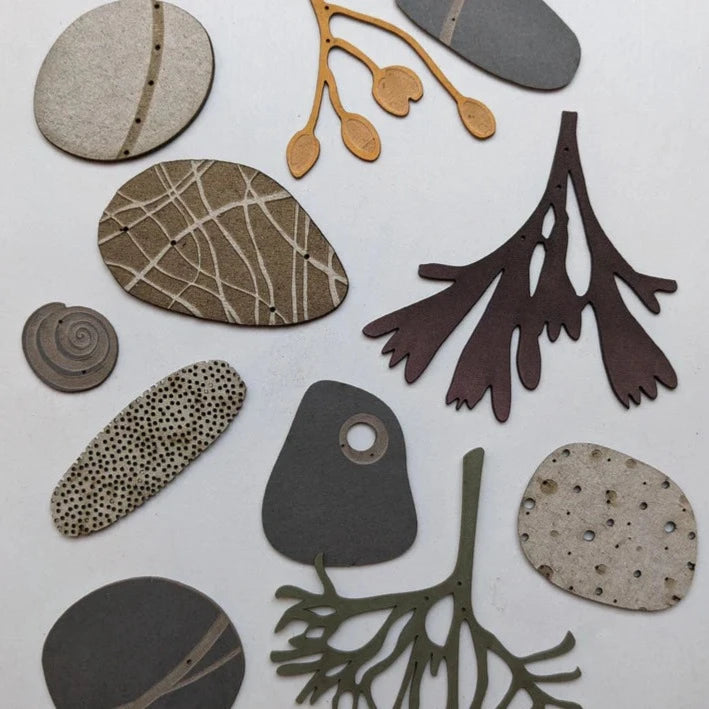 Collection of small, textured, sculpted pieces in earth tones; shapes resemble stones, seaweed, and shells.