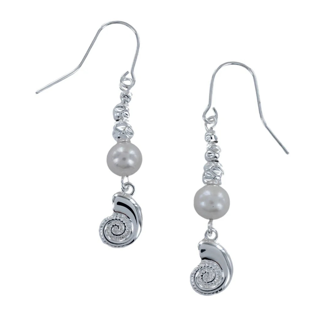 Pair of silver drop earrings. Each earring features a pearl, textured silver beads, and a detailed seashell charm.