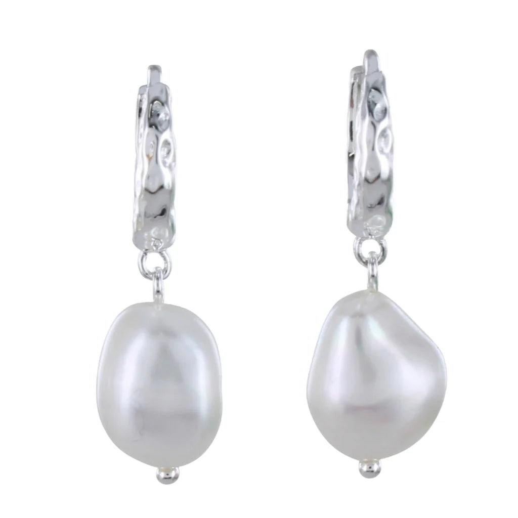 Pair of silver hoop earrings with textured hoops and dangling baroque pearls.