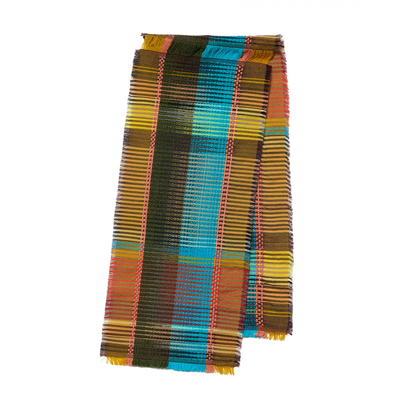 A multicolor woven scarf with a plaid pattern, featuring fringed edges, displayed on a solid white background.