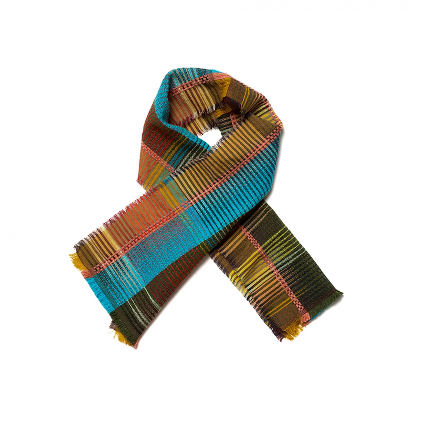 A multicolor plaid scarf with fringed ends, featuring stripes of turquoise blue, brown, orange, yellow, and green, displayed on a clean white background.