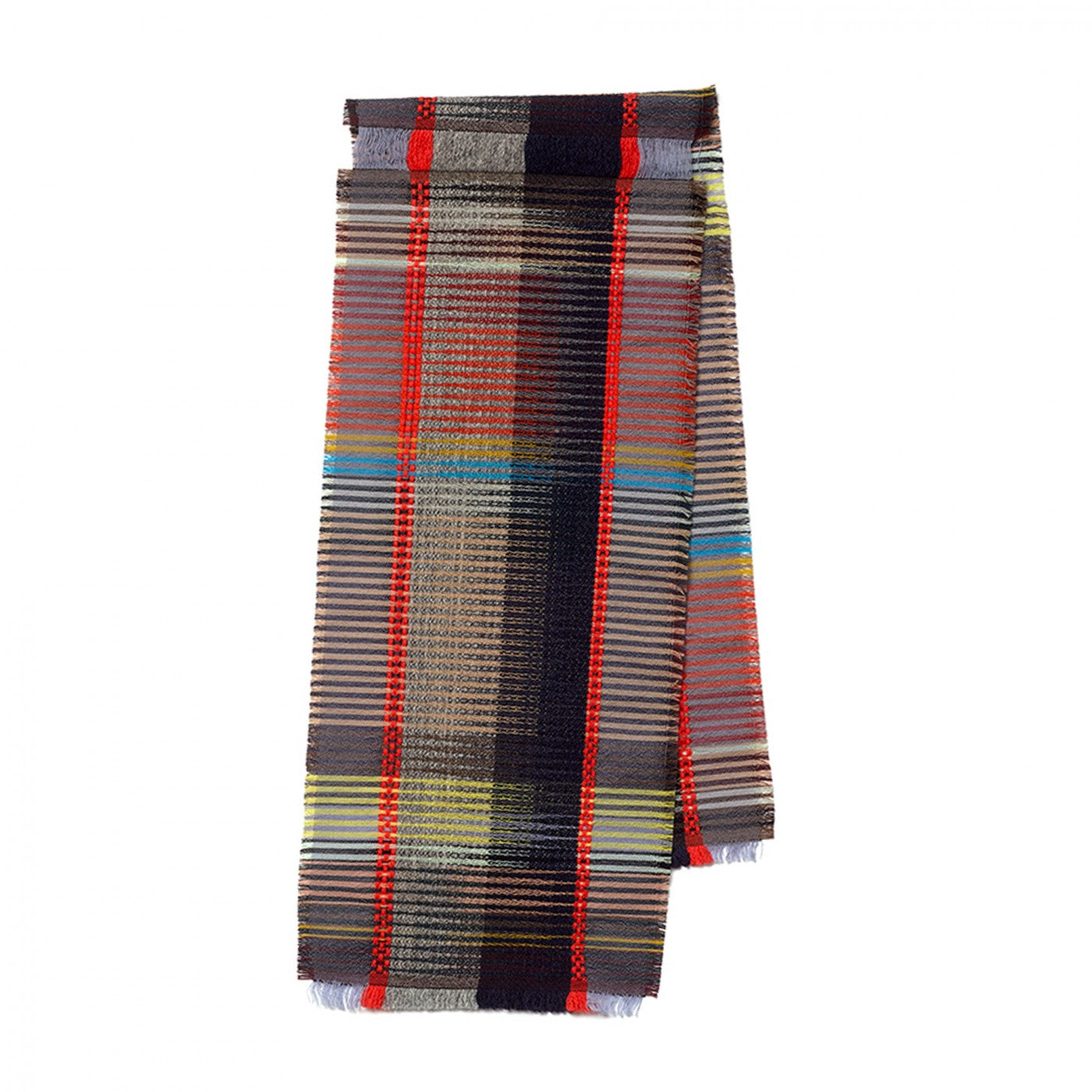 A folded plaid scarf with a multicolor woven pattern featuring red, blue, yellow, black, and beige stripes, set against a plain white background.