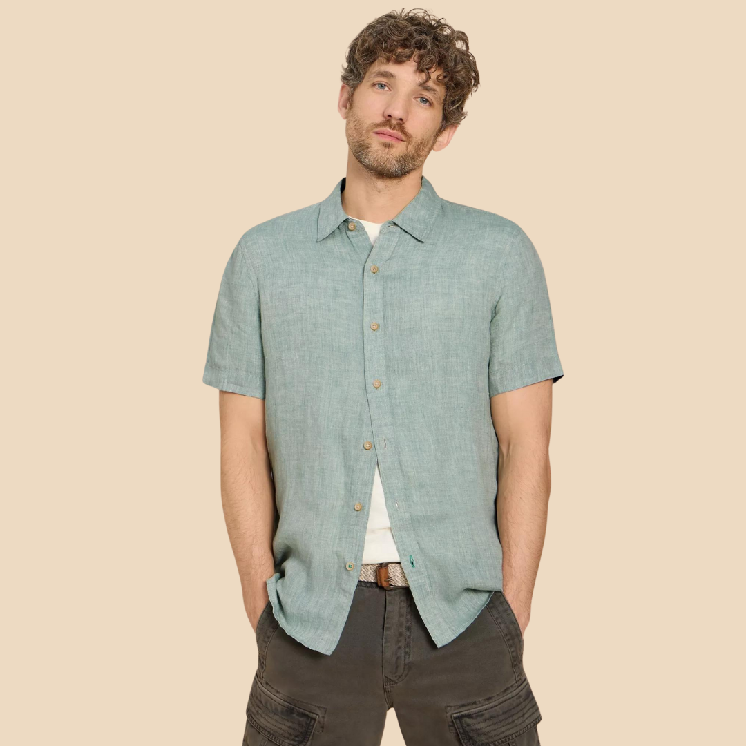 Men's light teal linen short-sleeve button-down shirt.