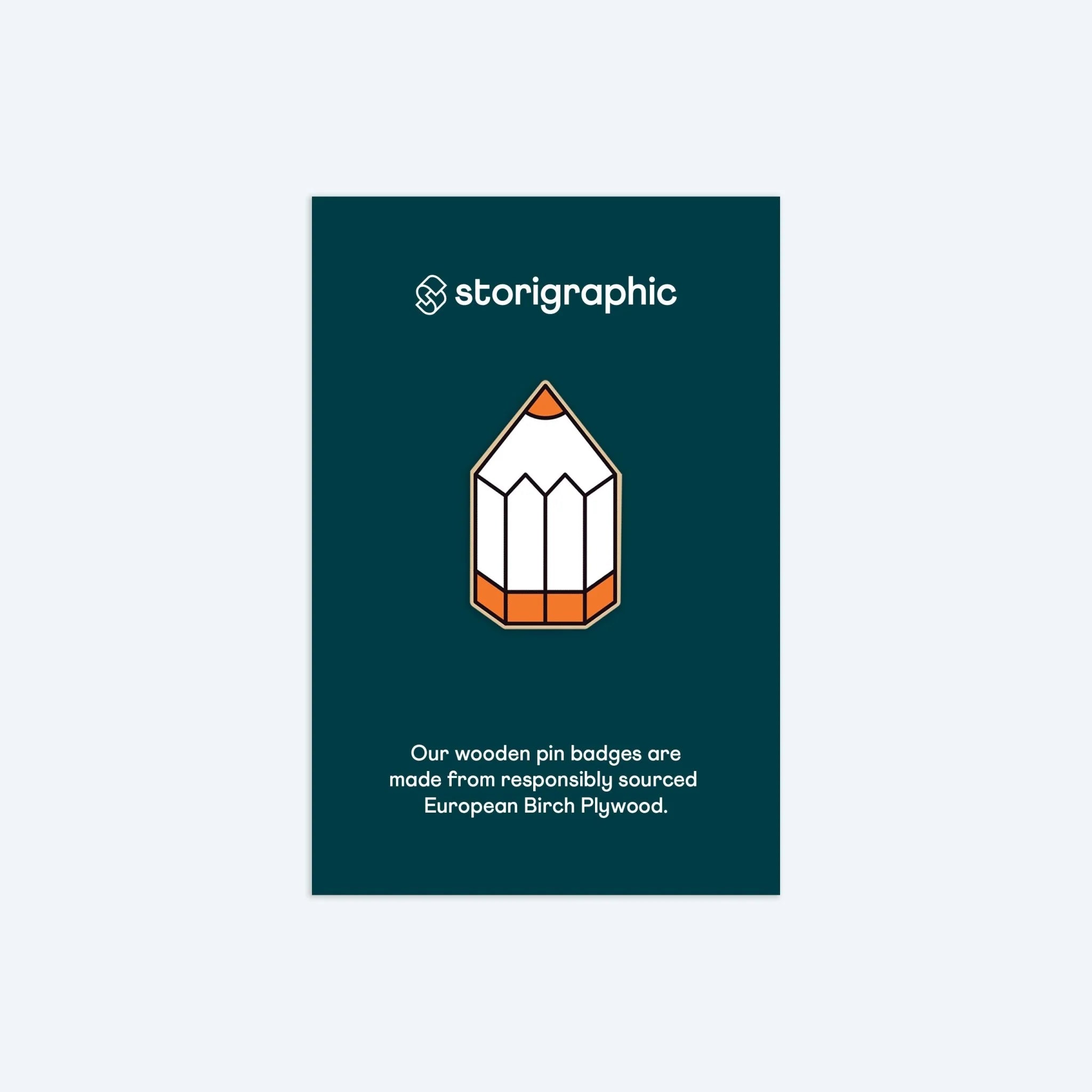 Storigraphic wooden pin badge packaging with a pencil icon on a dark green background.