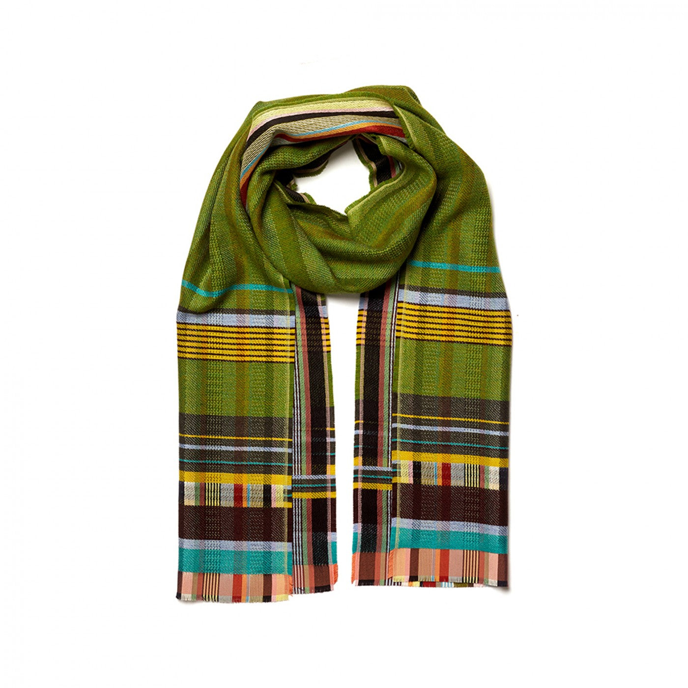 A folded olive green scarf with a striped plaid pattern in yellow, brown, teal, and white, displayed on a clean white background.
