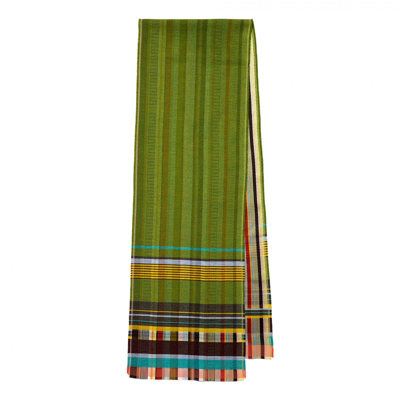 A folded green striped fabric, likely a scarf or sari, featuring vertical olive green stripes and a multicolored border with yellow, blue, red, and brown accents, shown against a plain white background.