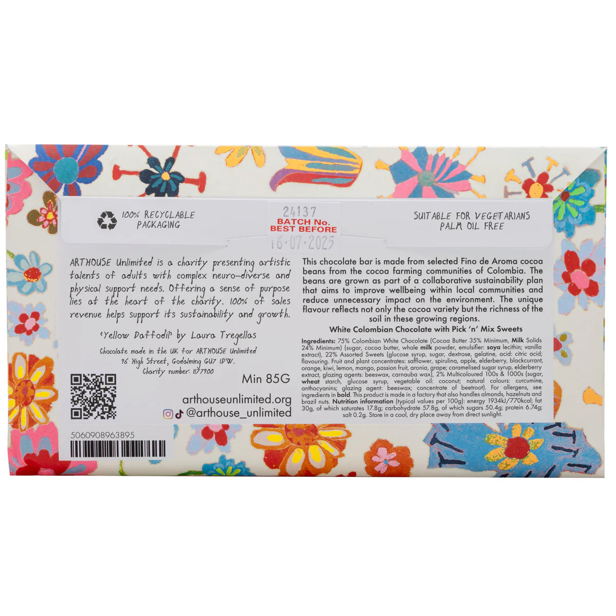 Fairtrade white chocolate bar with colorful sweets, made in UK by a charity supporting neuro-diverse adults. 85g.