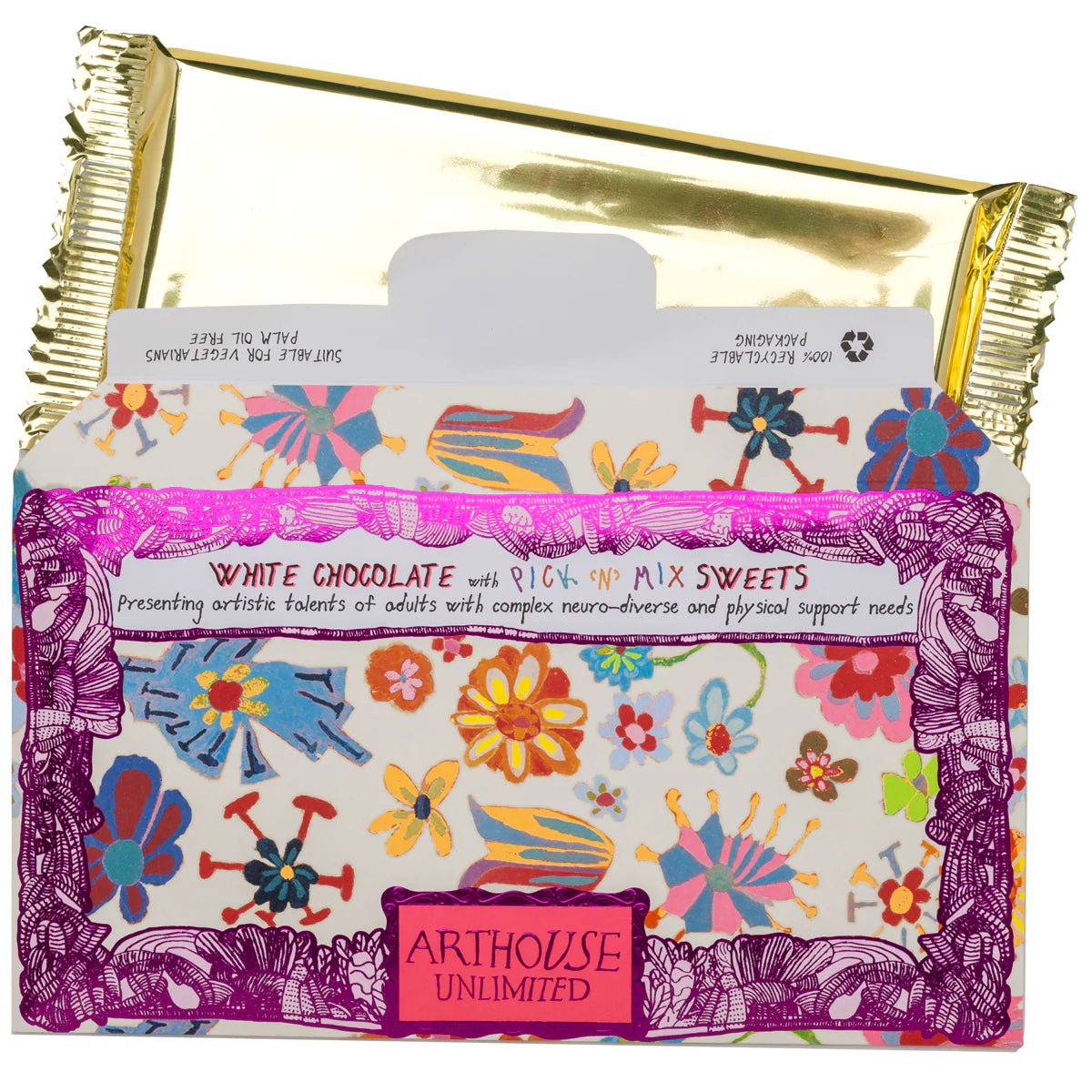 White chocolate bar with colorful, floral packaging by Arthouse Unlimited. Features a pick 'n' mix sweets design.