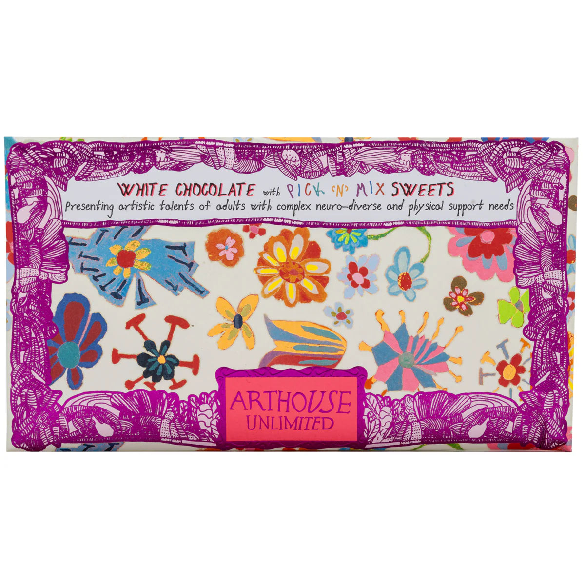 White chocolate bar with pick and mix sweets. Features colorful floral artwork and "Arthouse Unlimited" branding.