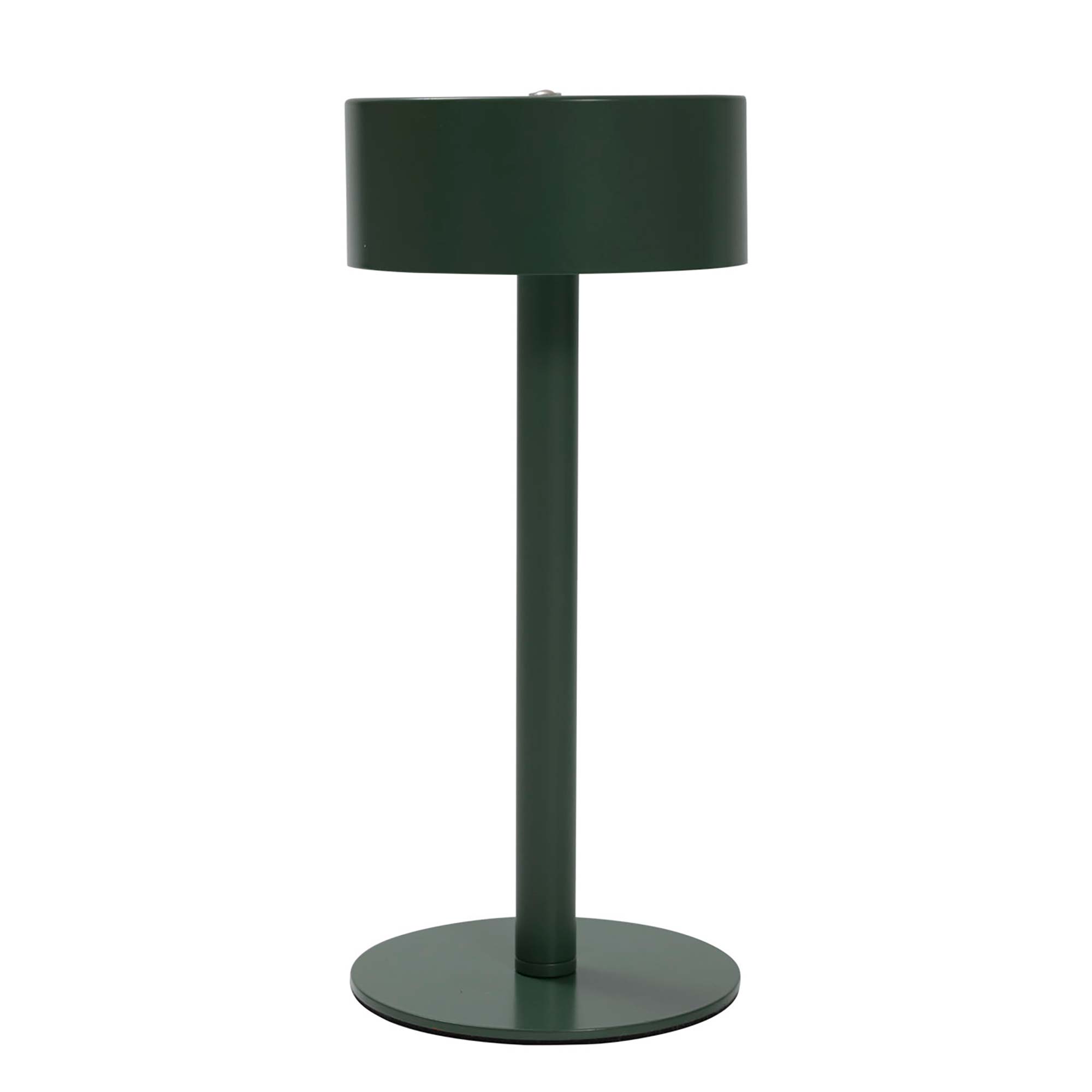 Dark green table lamp with a cylindrical shade and a tall, slender base.  The lamp has a circular base.