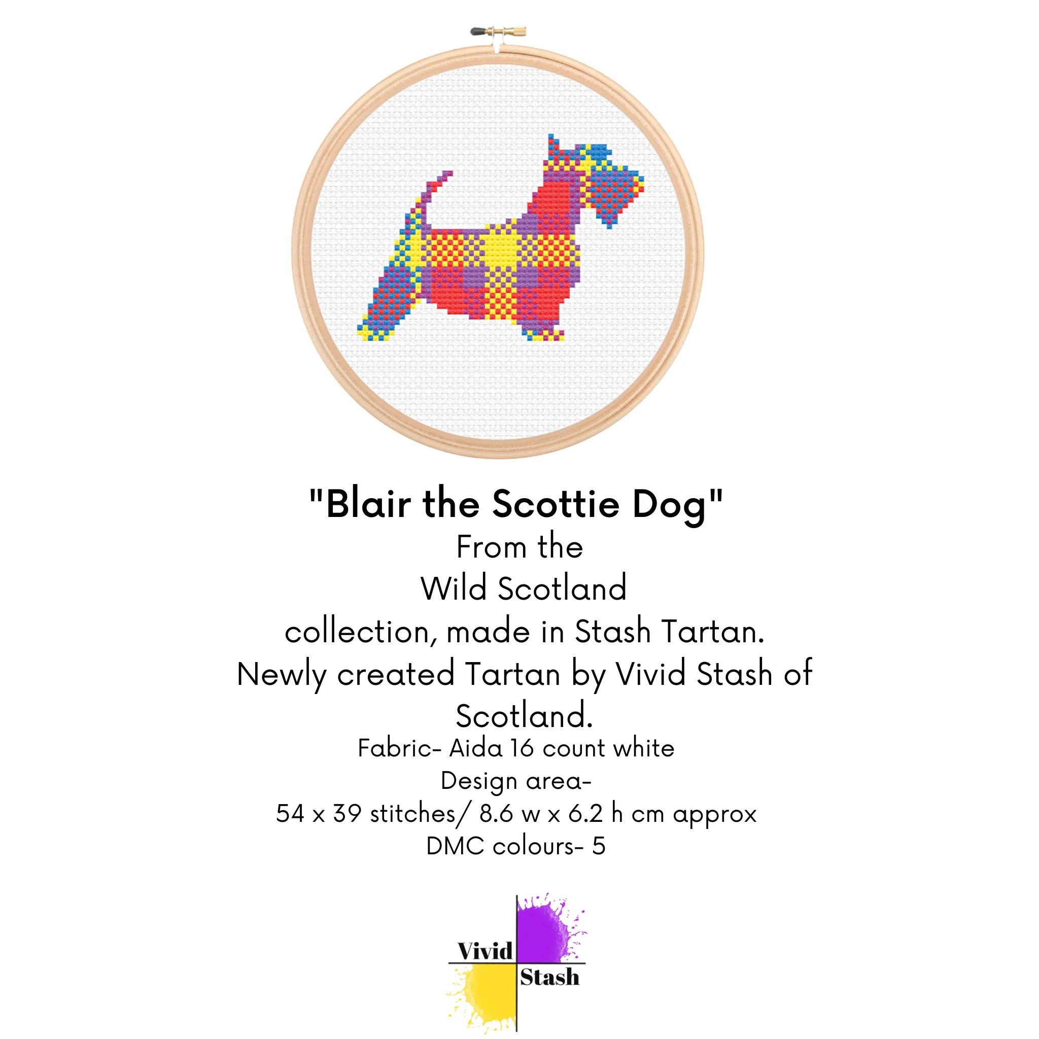 Cross-stitch pattern of a Scottie dog in multicolored tartan, framed in a wooden hoop.