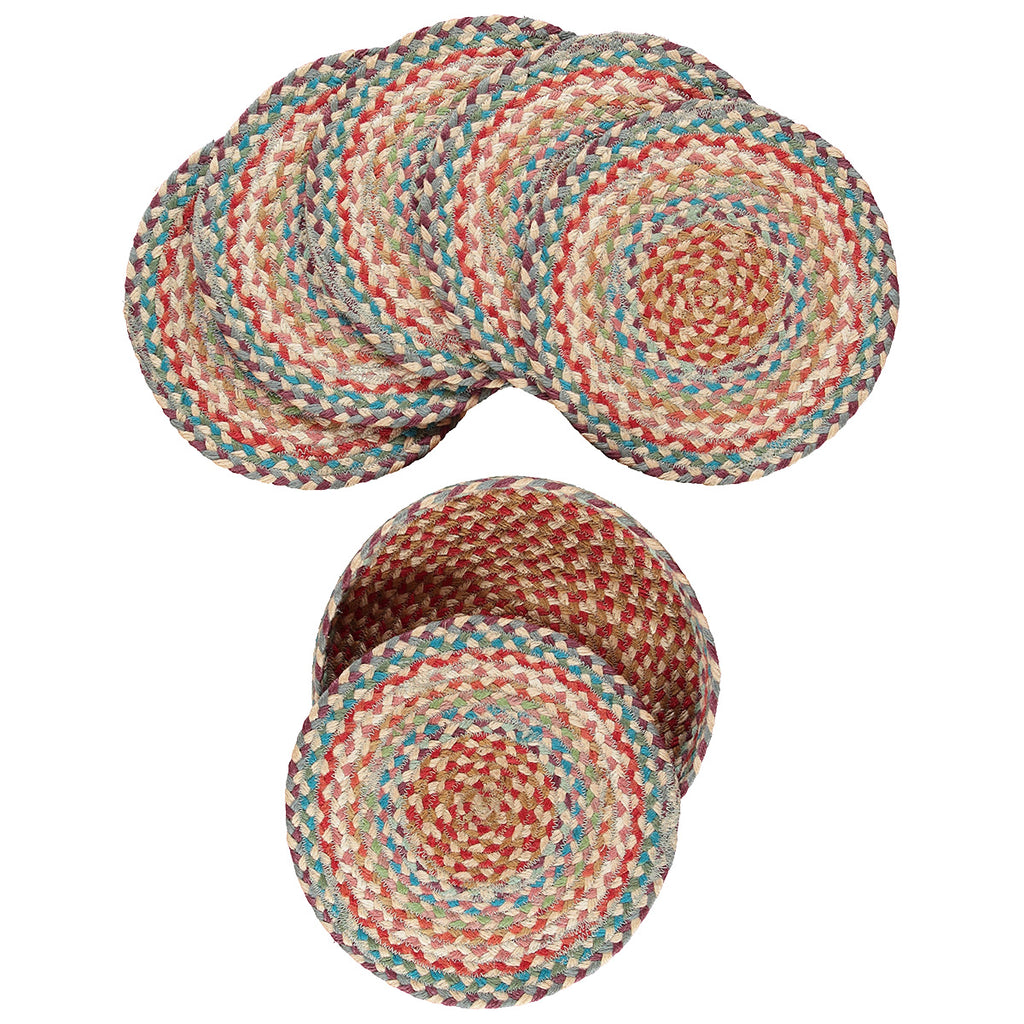 Set of multicolored jute coasters and a matching round storage basket with lid.