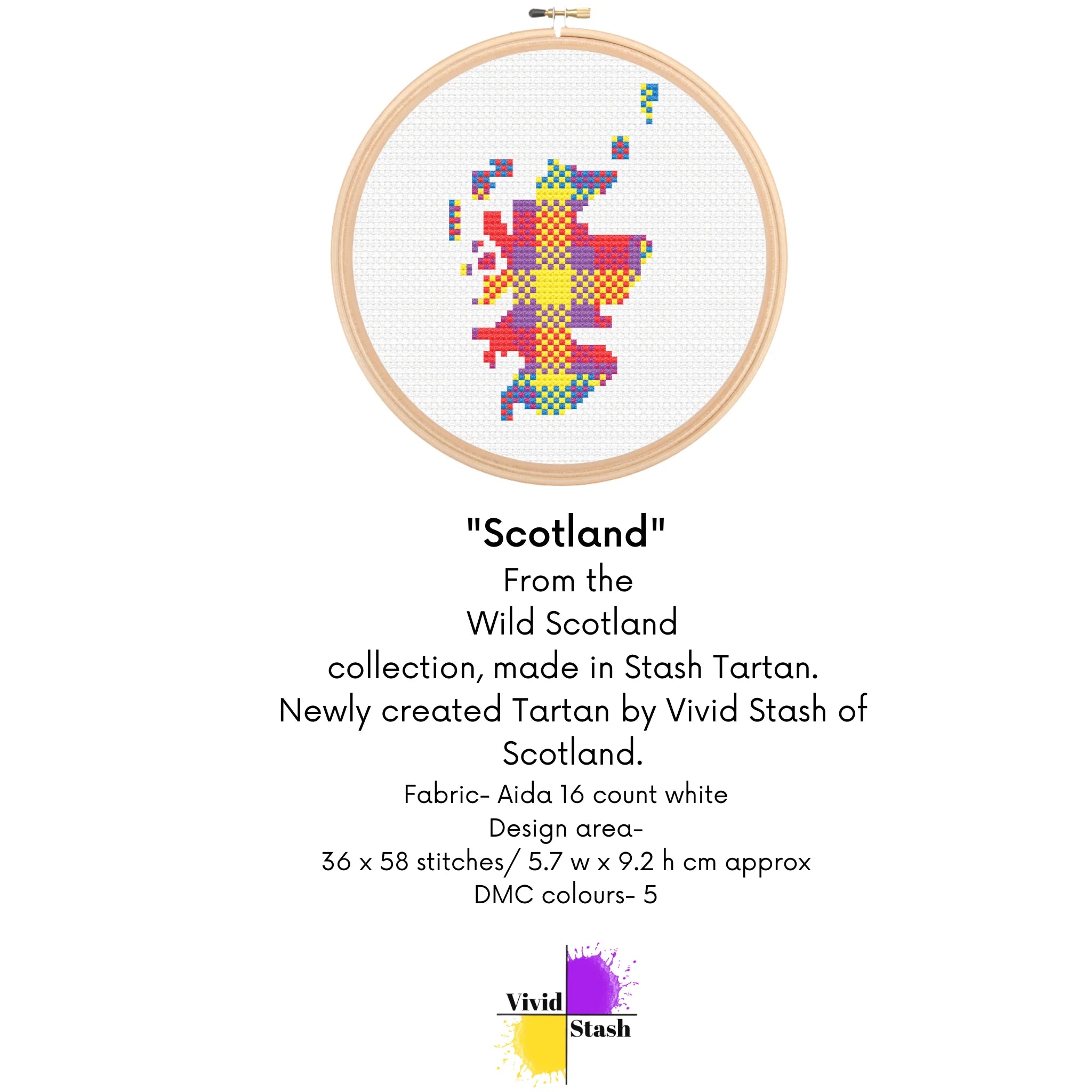 Cross-stitch pattern of Scotland, depicted as a colorful tartan map in a wooden embroidery hoop.