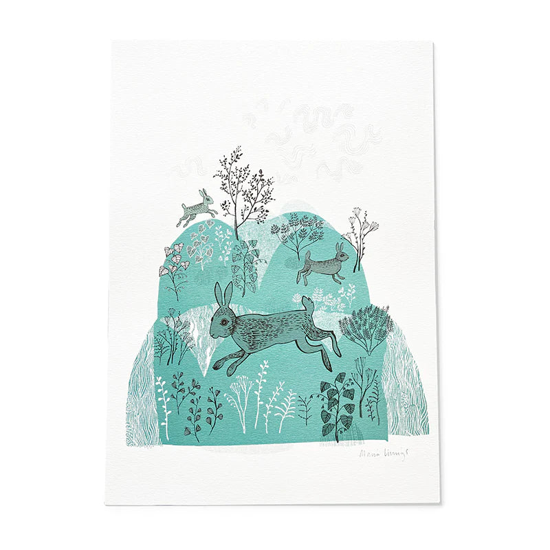 Illustration of three hares running across a stylized teal landscape with minimalist plants and hills.