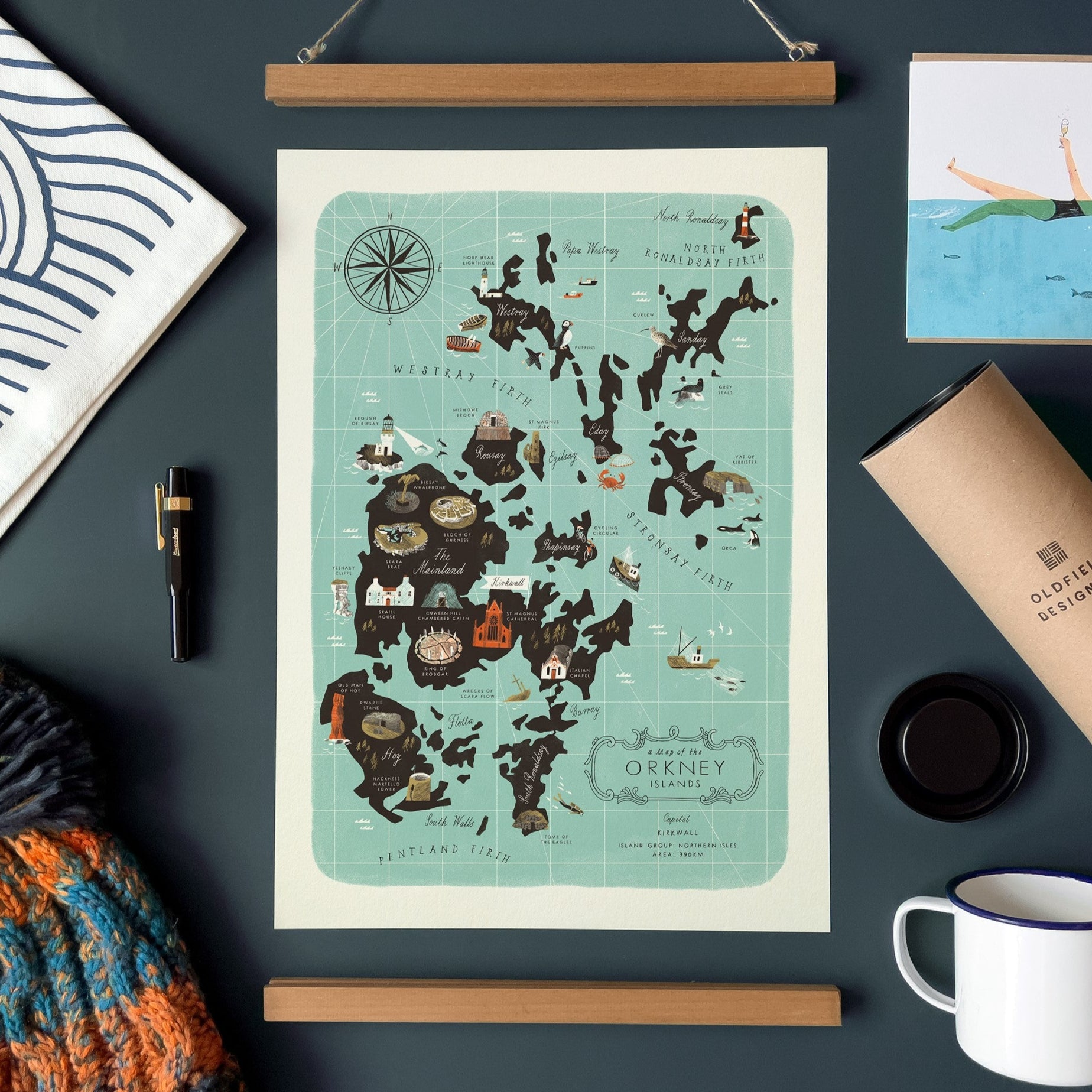 Illustrated map of the Orkney Islands, showing the archipelago's layout, key landmarks, and wildlife.