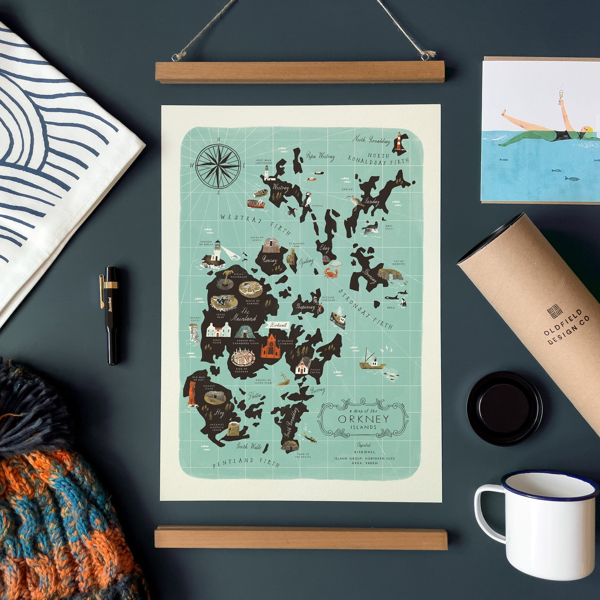 Illustrated map of Orkney Islands, showing island locations, landmarks, and wildlife.