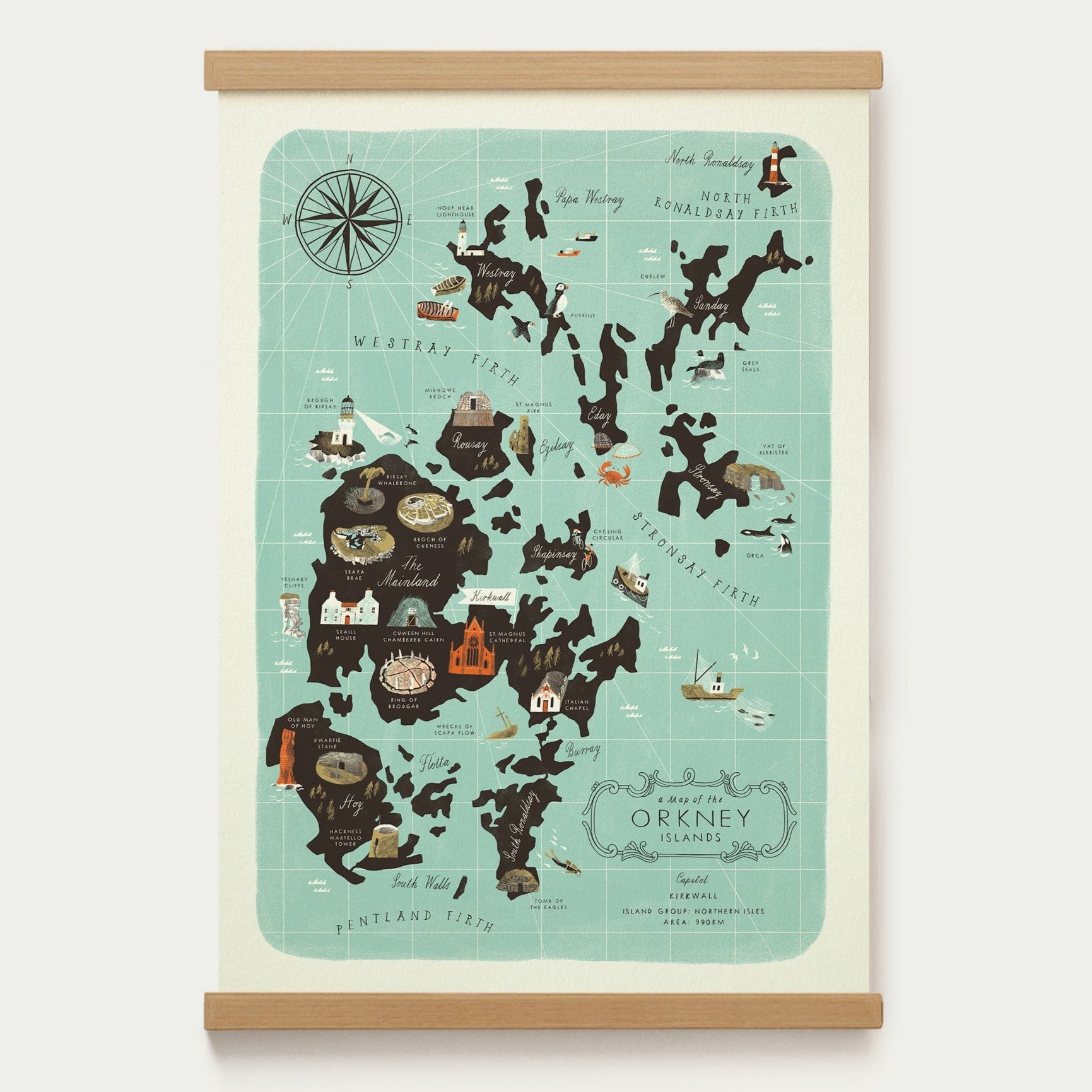 Illustrated map of Orkney Islands, showing major islands, towns, and points of interest, in a vintage style.