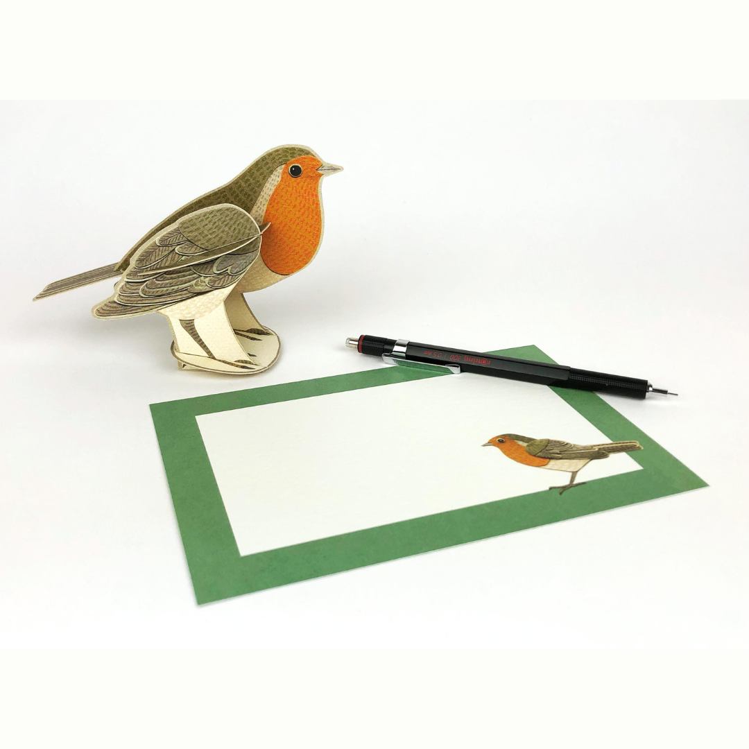 Pop-up robin card and matching stationery featuring a robin illustration.