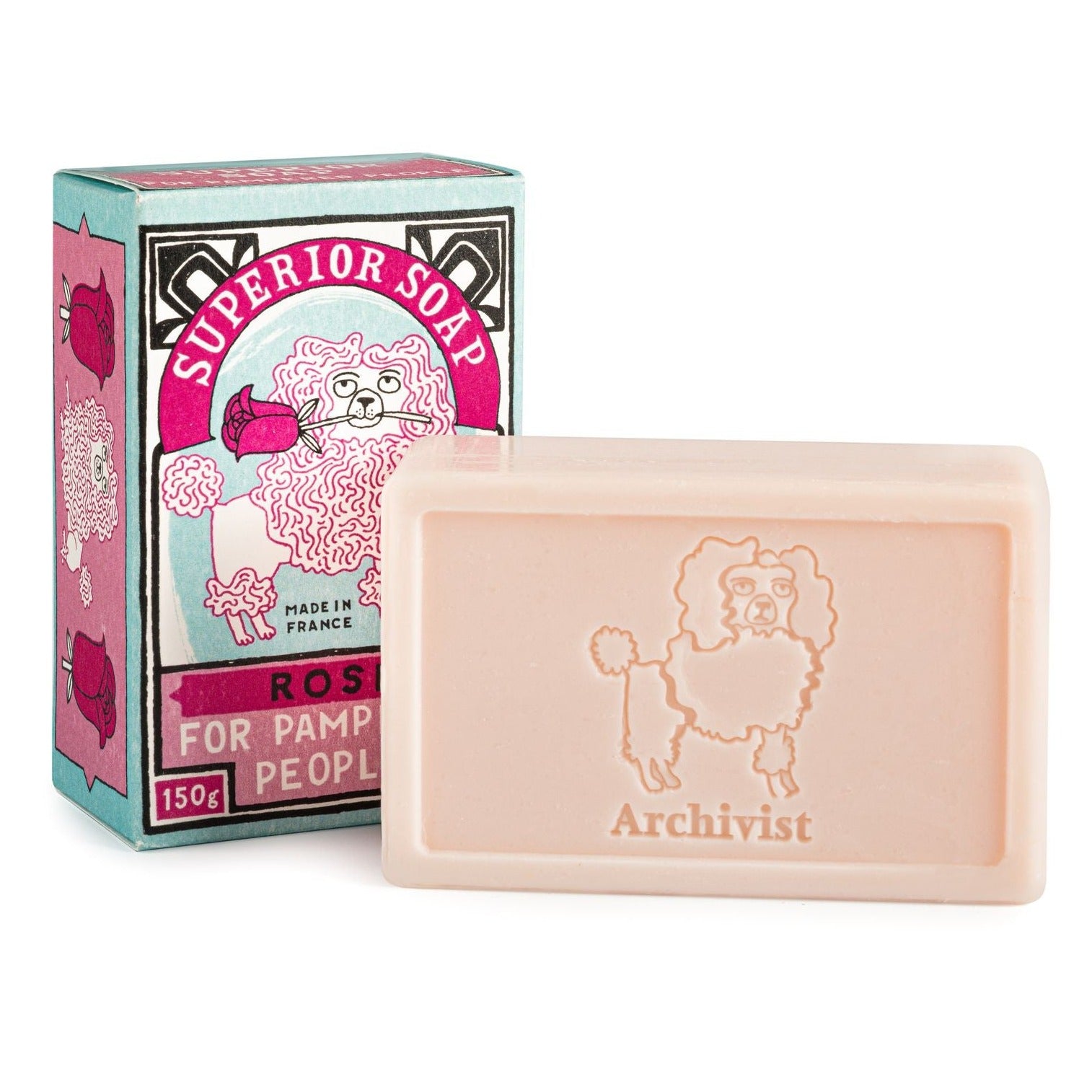 Archivist Superior Soap, rose-scented, 150g bar with illustrated poodle.
