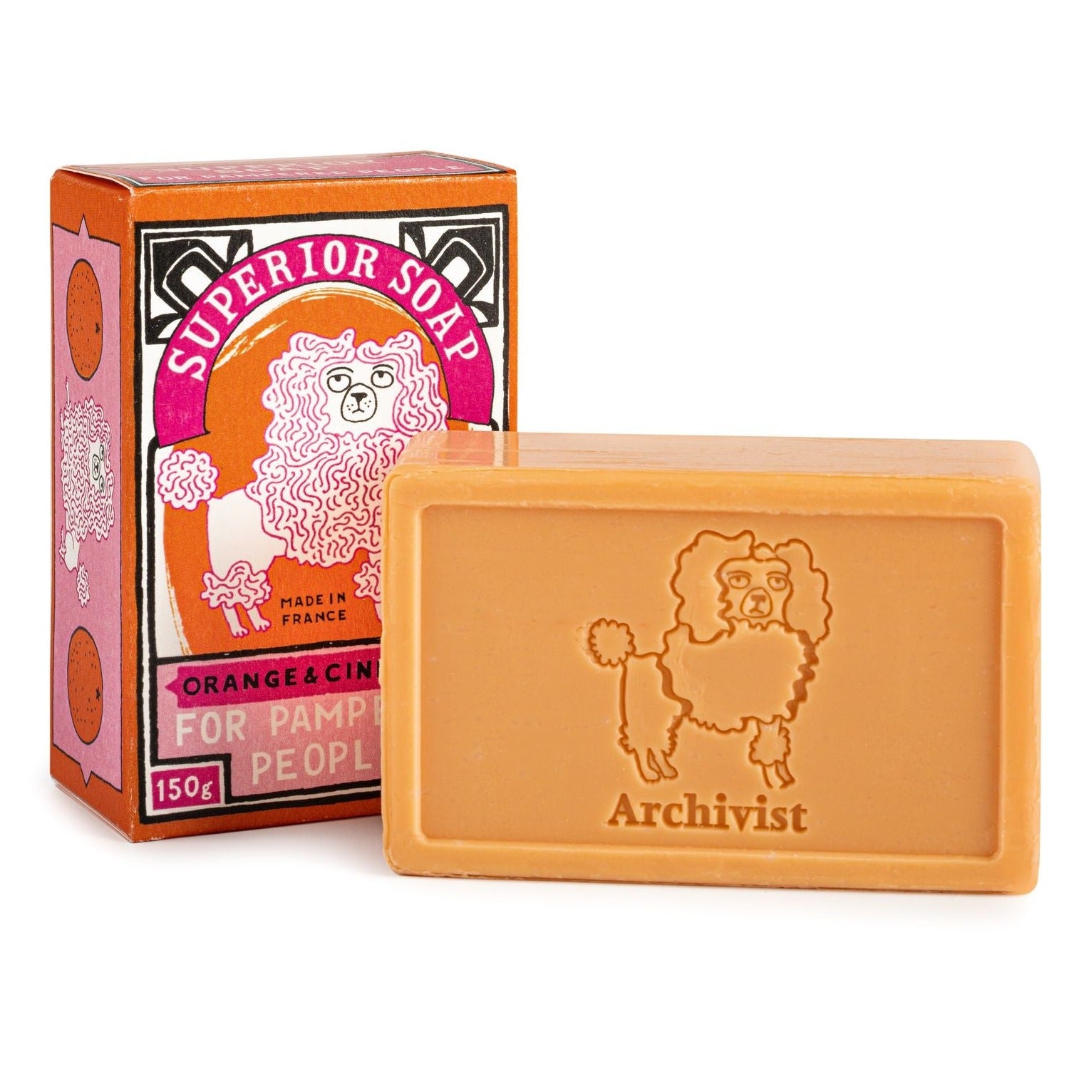 Orange & Clove Archivist soap bar, 150g, featuring a poodle illustration on a light orange bar and box.
