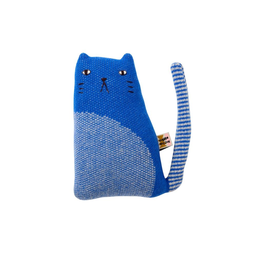 Blue cat-shaped toy with a striped tail on a white background