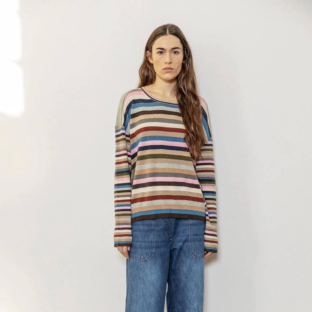 Person wearing a striped sweater and blue jeans against a white wall.