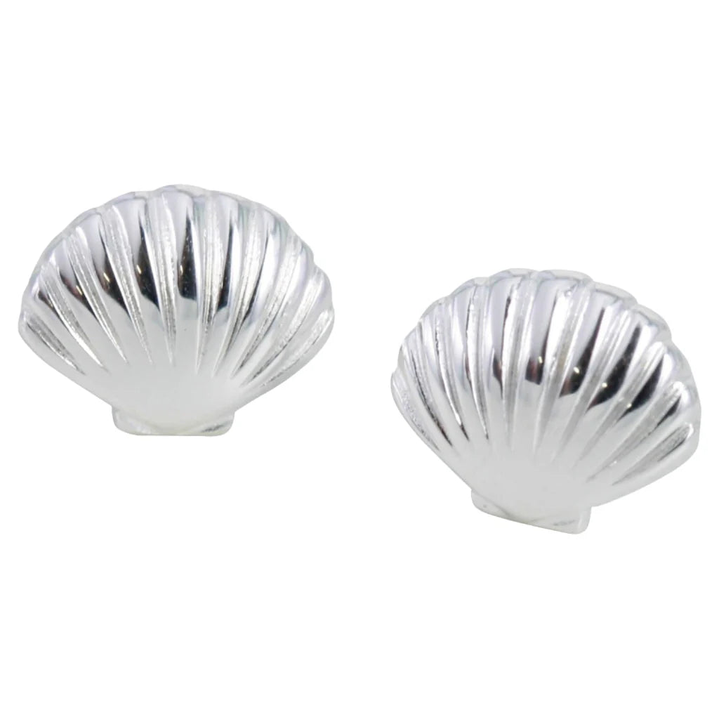 Pair of silver shell-shaped stud earrings.  Each earring features a detailed, ribbed texture.