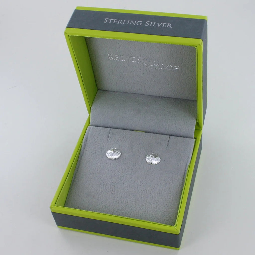 Sterling silver seashell stud earrings in a gray and green gift box.